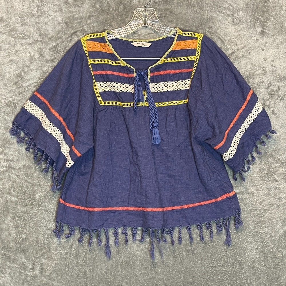 Rocks Indigo Women Boho Peasant Top M Festival Boxy Cropped Tasseled Fringe - Picture 2 of 12